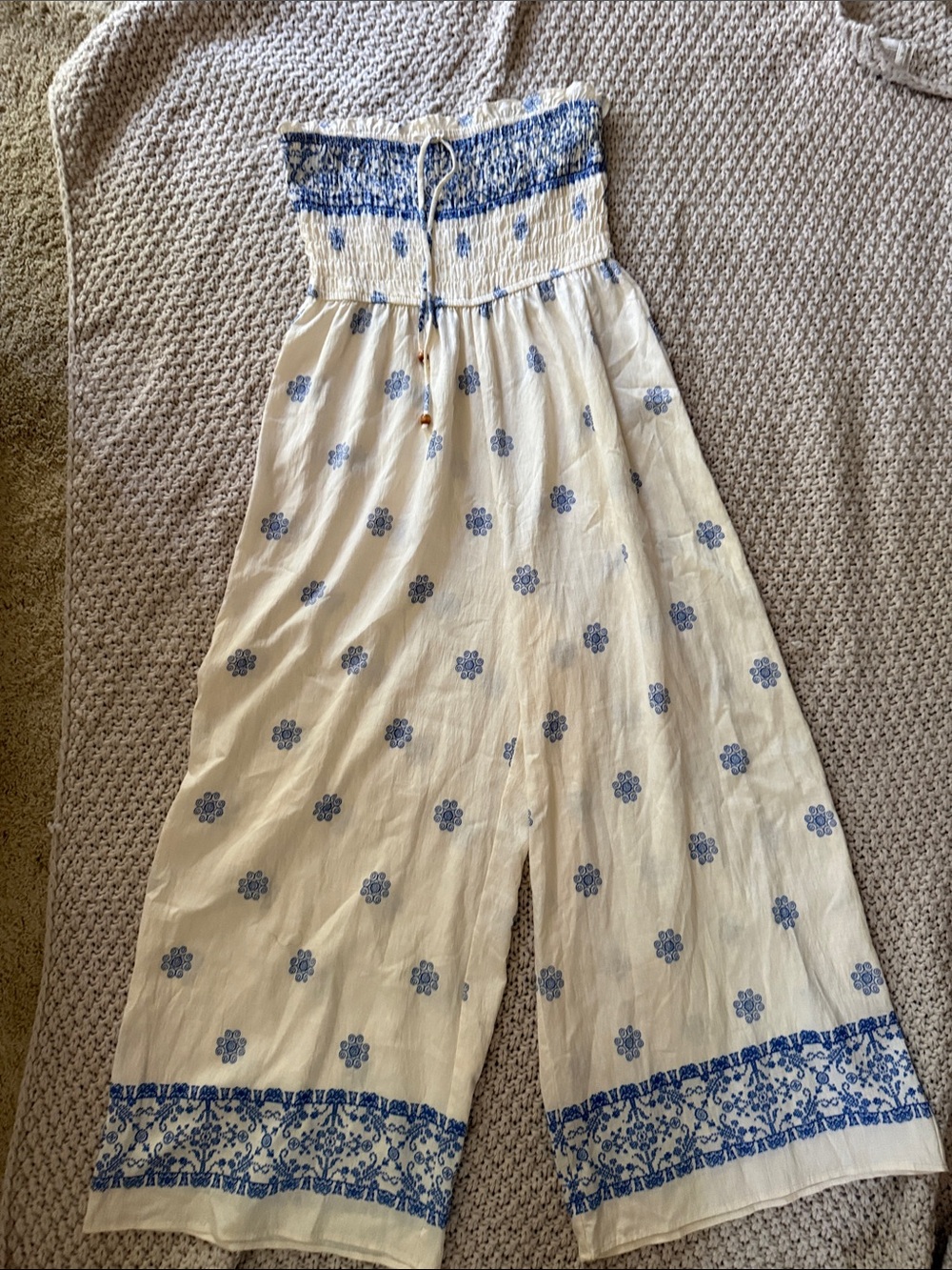 Luxology Cream and Blue Floral Smocked Wide-Leg Jumpsuit
